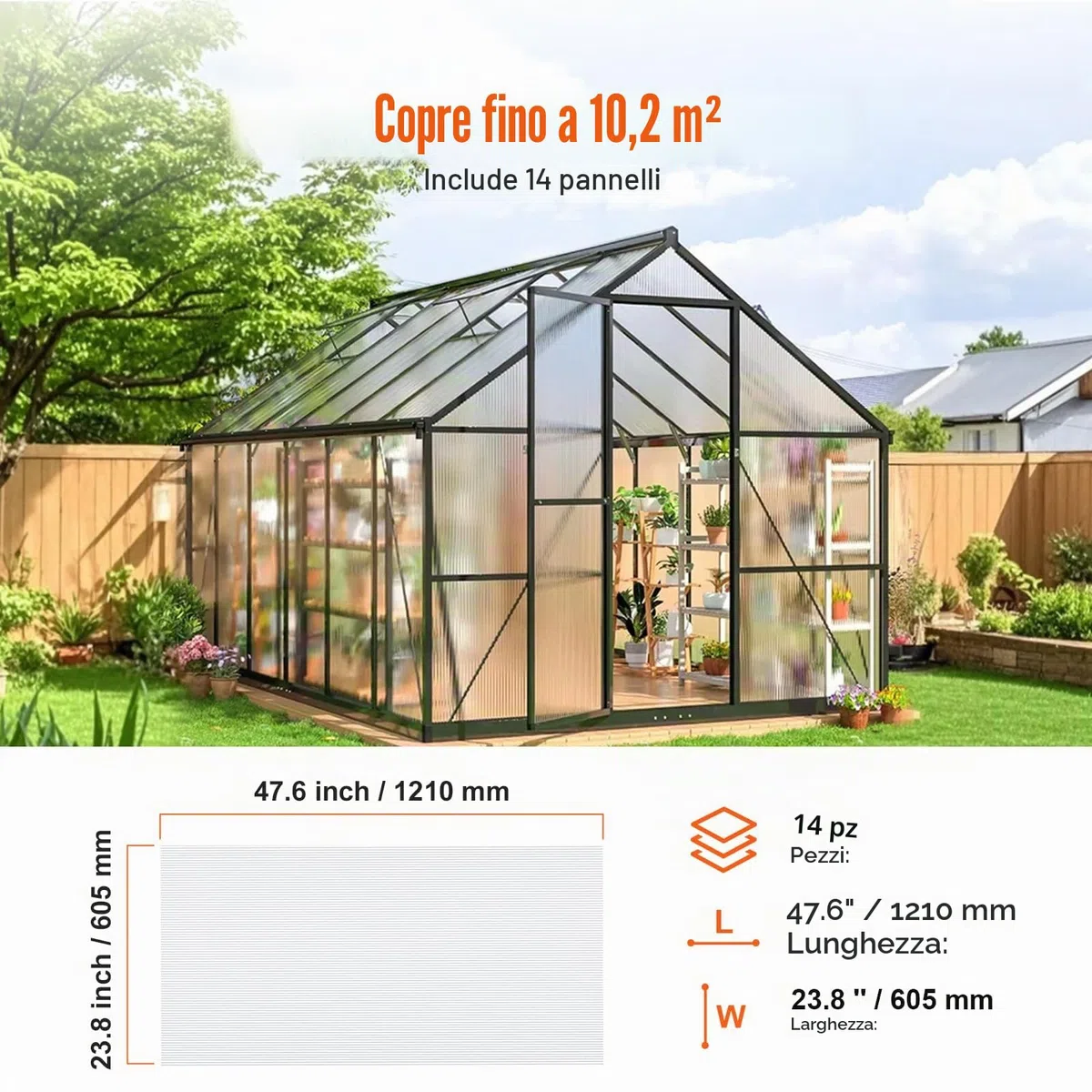 VEVOR Pannelli per Serre in Policarbonato per Tetti 14 Pezzi, 1210 x 605 x 4 mm, Coperture in Plastica Ondulata Impermeabile e Protetta dai Raggi UV, Lastre Trasparenti per Coperture Urti per Serre