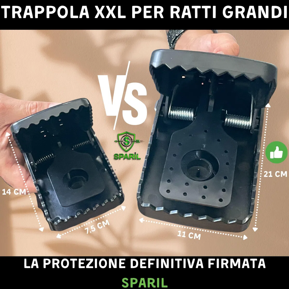 Trappola per Topi Grandi XXL 21cm SPARIL. Kit 2 Trappole a Scatto per Ratti Riutilizzabili Senza Veleno. Guanti e Ebook in Omaggio. Per Cantina, Garage ed Esterno