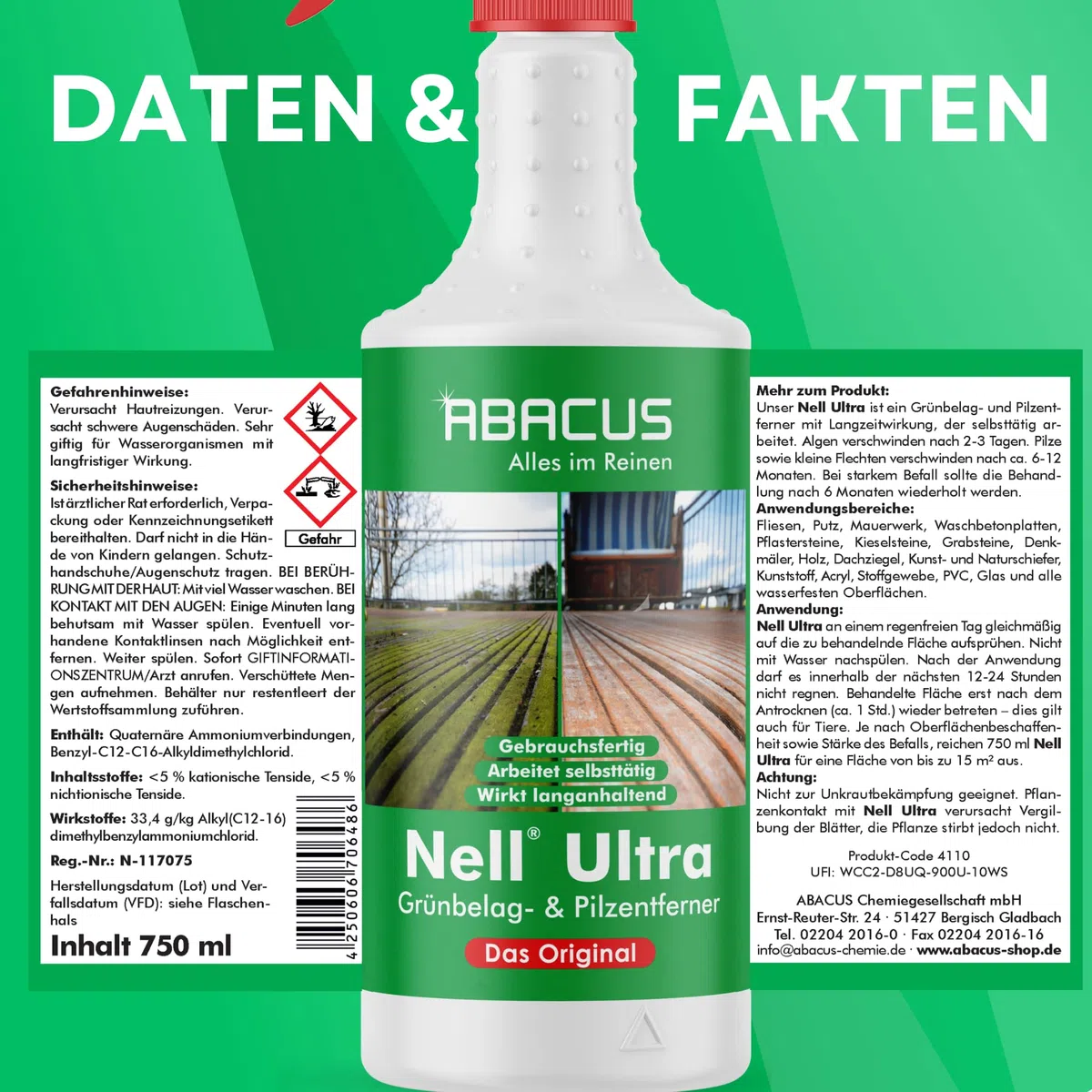 ABACUS Rimozione per pavimenti verdi e alghe, pronto all'uso per la rimozione di pavimenti verdi e alghe Nell Ultra 2 x 750 ml (7283)