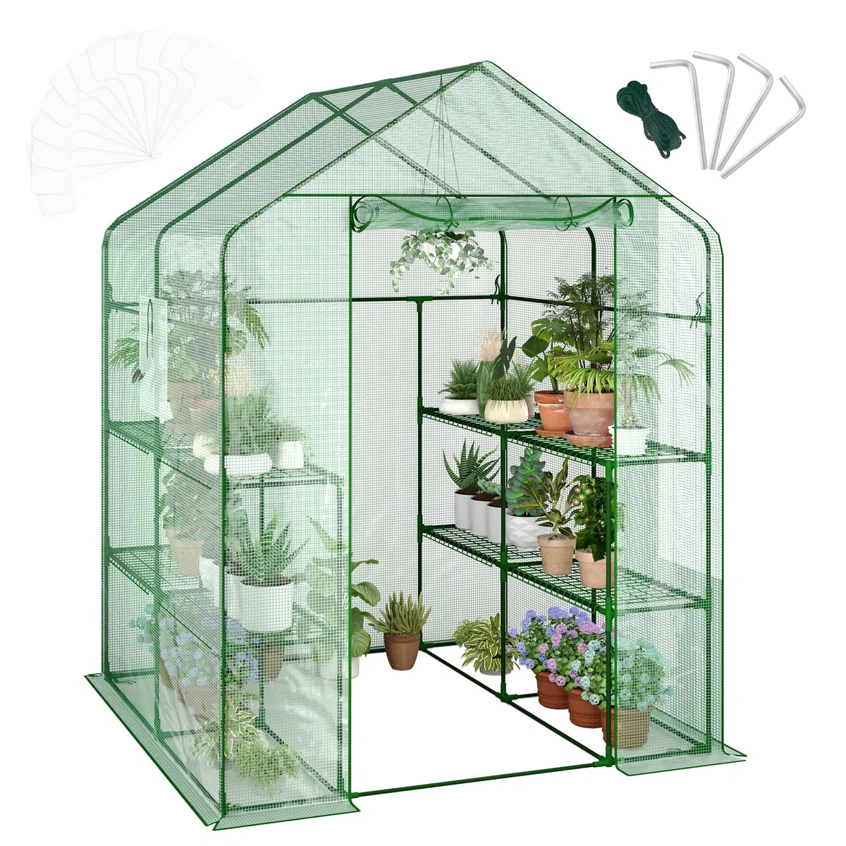 Garvee Serra da Giardino a Casetta, 143x143x195 cm, Serra Walk-in con 12 Ripiani e 2 Finestre, Copertura in PE Rinforzato 140G per Orto e Piante, Verde