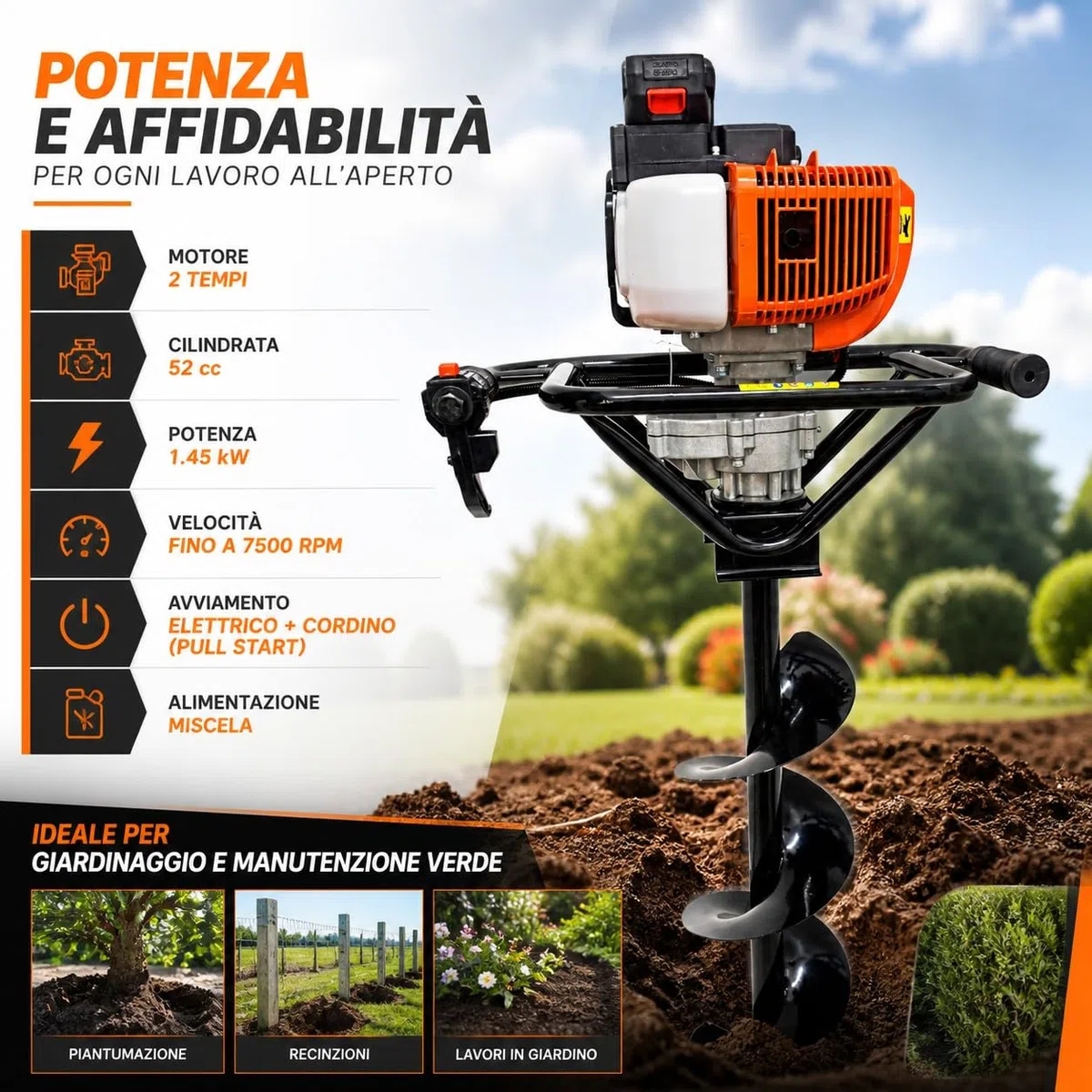 Mototrivella a Scoppio 52cc 1.45kW 7500RPM Avviamento Facile Elettrico + Manuale con 3 Punte intercambiabili da Ø 100, 150, 200 mm Trivella da Giardino e campi, Utilizzo Professionale e Fai da