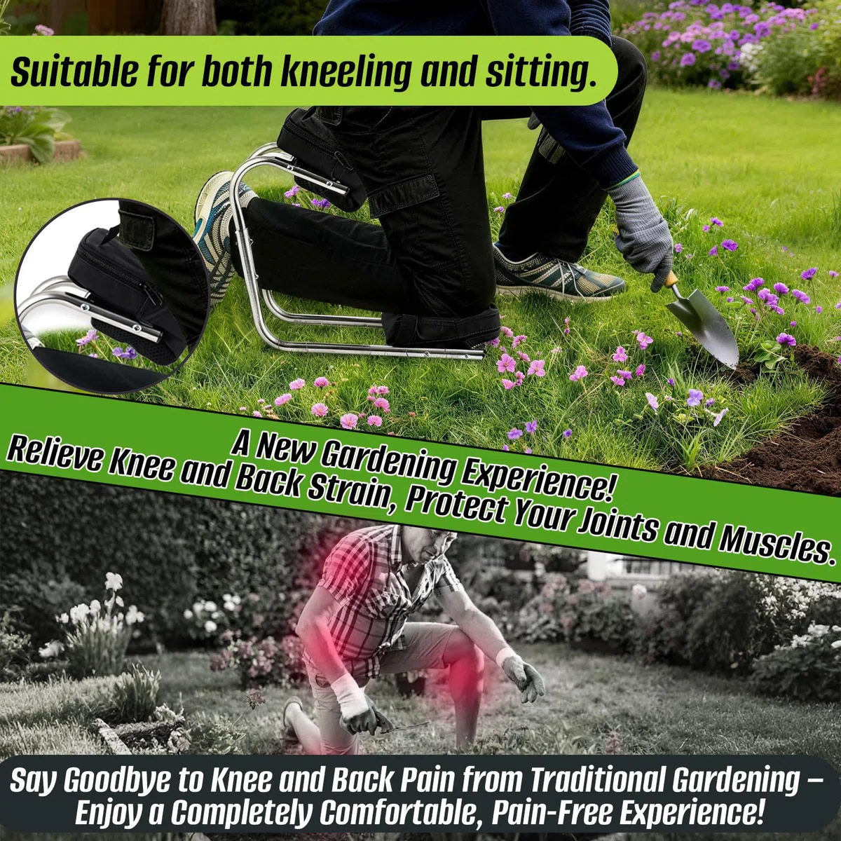 Sgabello da ginocchio, supporto da giardino con funzione seduta, protegge le ginocchia, portata fino a 200 kg, ideale per giardinaggio, lavori edili e usi professionali