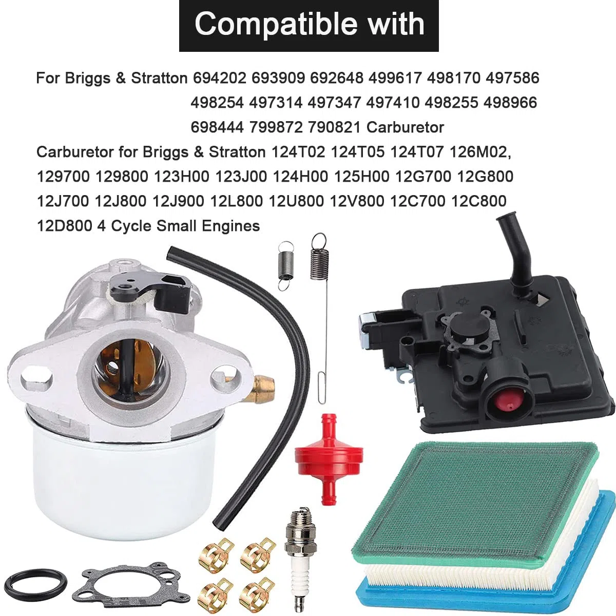 ZAMDOE 799868 498170 Carburatore per Briggs & Stratton 124T02 124T07 126M02 129700 12V800 12C700 Piccoli motori a 4 tempi, sostituisce 14111 799872 694202, con base di primer per filtro dell'aria