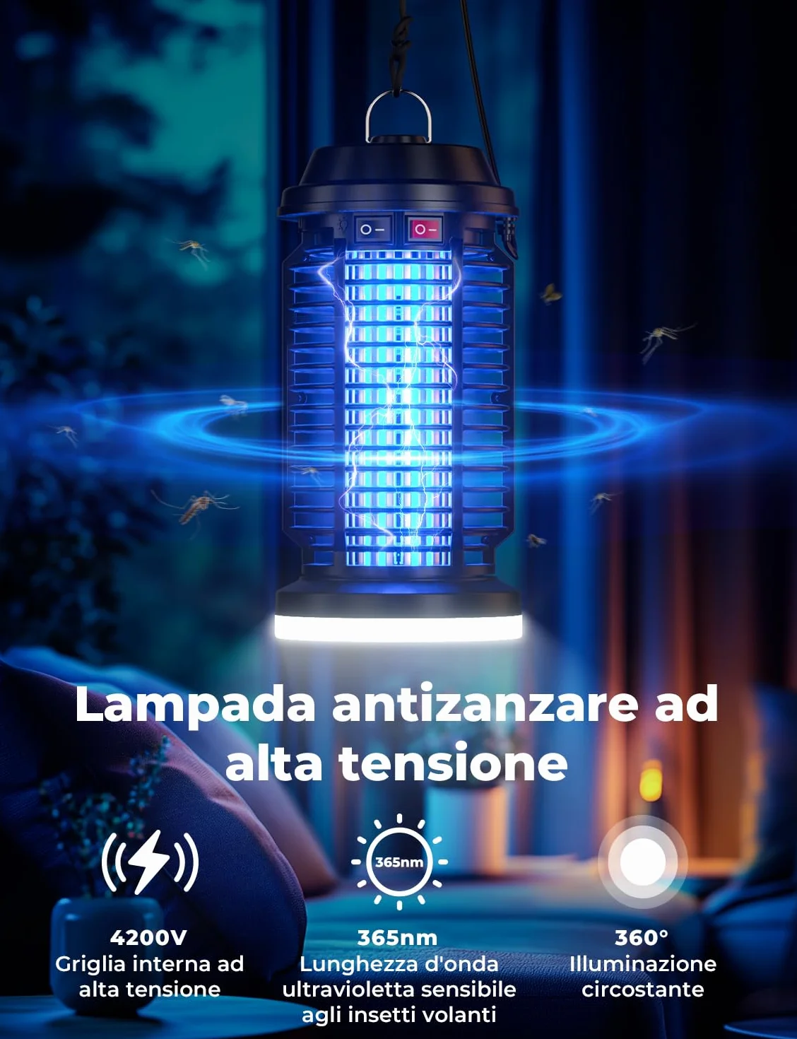 YISSVIC Lampada Antizanzare Elettrica 4200V con Luce LED, Impermeabile IPX4, Zanzariera Elettrica, Trappola UV per Zanzare per Giardino, Esterni e Interni, con Spazzole di Pulizia - Efficace e Sicura
