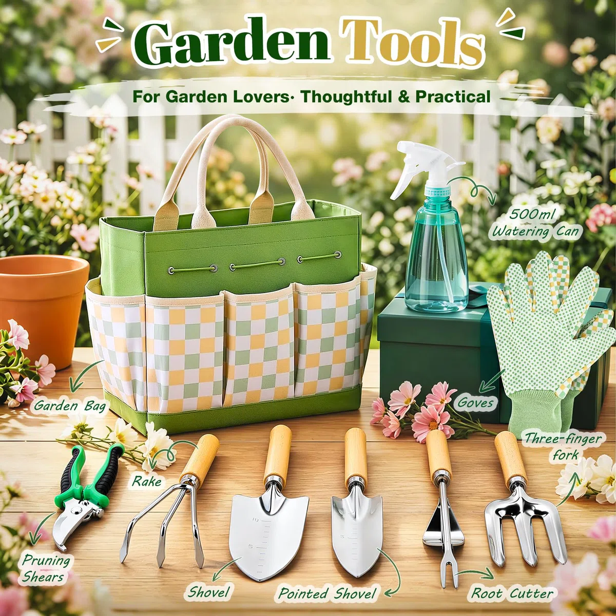 Set di attrezzi da giardinaggio, 9 pezzi, resistenti, con borsa resistente, attrezzi da giardino ergonomici resistenti alla ruggine, ideale come regalo per donne, giardinieri, giardinieri principianti