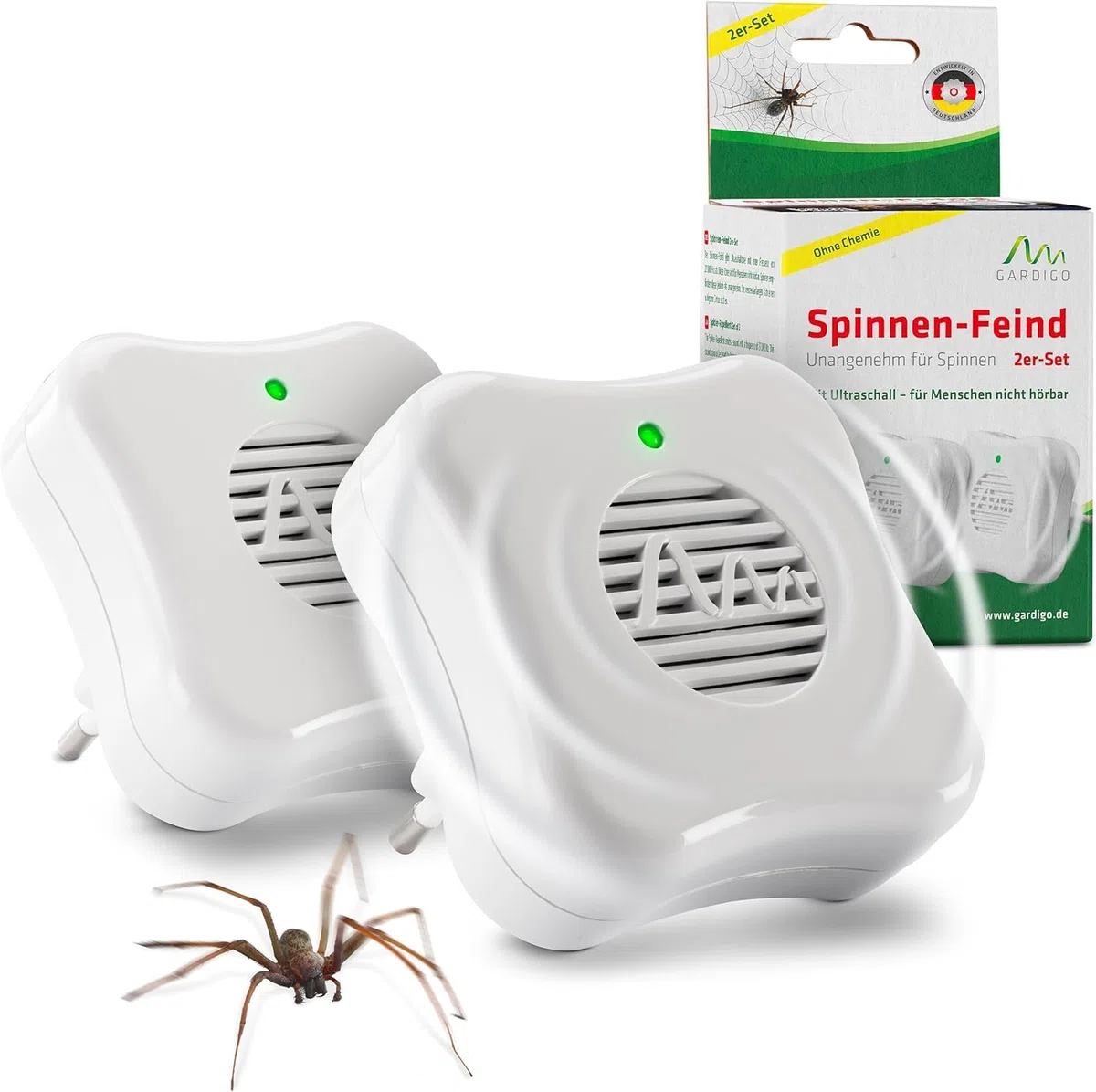 GARDIGO® Repellente Ragni a Ultrasuoni - 2 Pezzi | Insetticida Anti Ragni e Ragnatele da Interno | 25m² | 27 kHz | Dissuasori Contro Ragni | Antiparassitario
