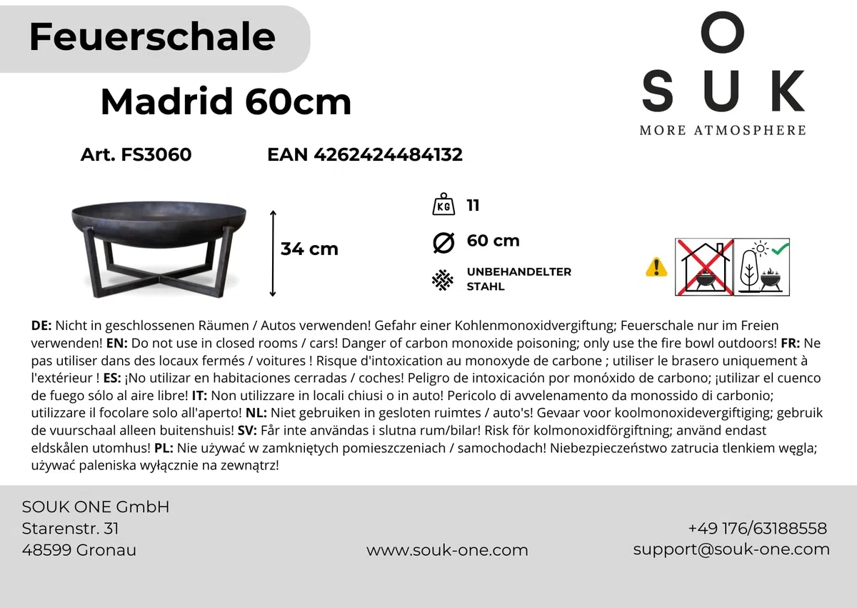 Madrid - Braciere, diametro da 60 cm, braciere per giardino, terrazza e balcone, braciere a bidone e a cesto