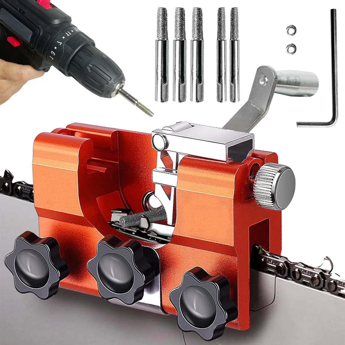 Affila Catena Motosega,Lima per Motosega,Kit Affilatura Catena Motosega con 5Pcs carburo di tungsteno,Sega a catena affilatrice strumento, 4 "-22" seghe a catena (arancione)