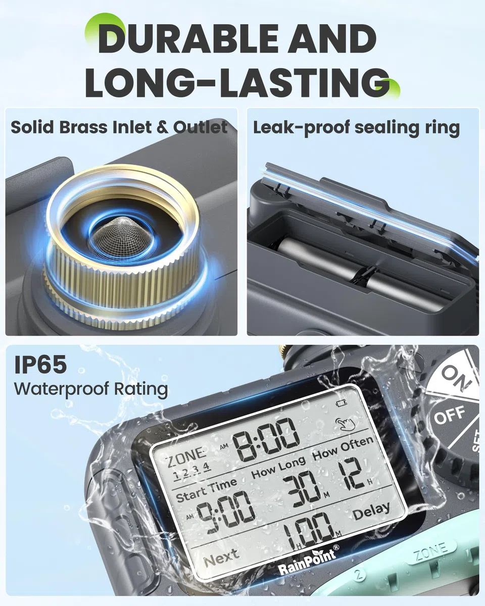 RAINPOINT Timer per irrigazione a 4 zone, programmabile, per tubo flessibile con ritardo della pioggia/sistema di irrigazione manuale/automatico, irrigazione digitale per cortile, prato
