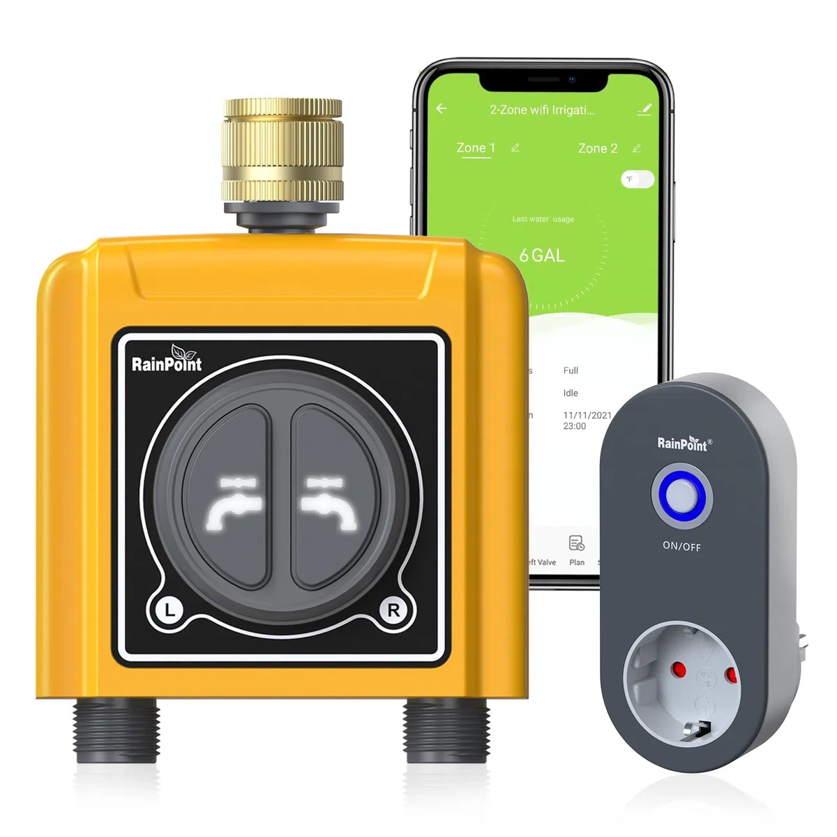 RAINPOINT Timer Irrigazione WiFi 2 Vie, Ingresso in Ottone, Smart Centralina Irrigazione con Controllo App/Vocale, Irrigazione Basata Sull'umidità del Terreno/Meteo, per Prato/Giardino/Serra