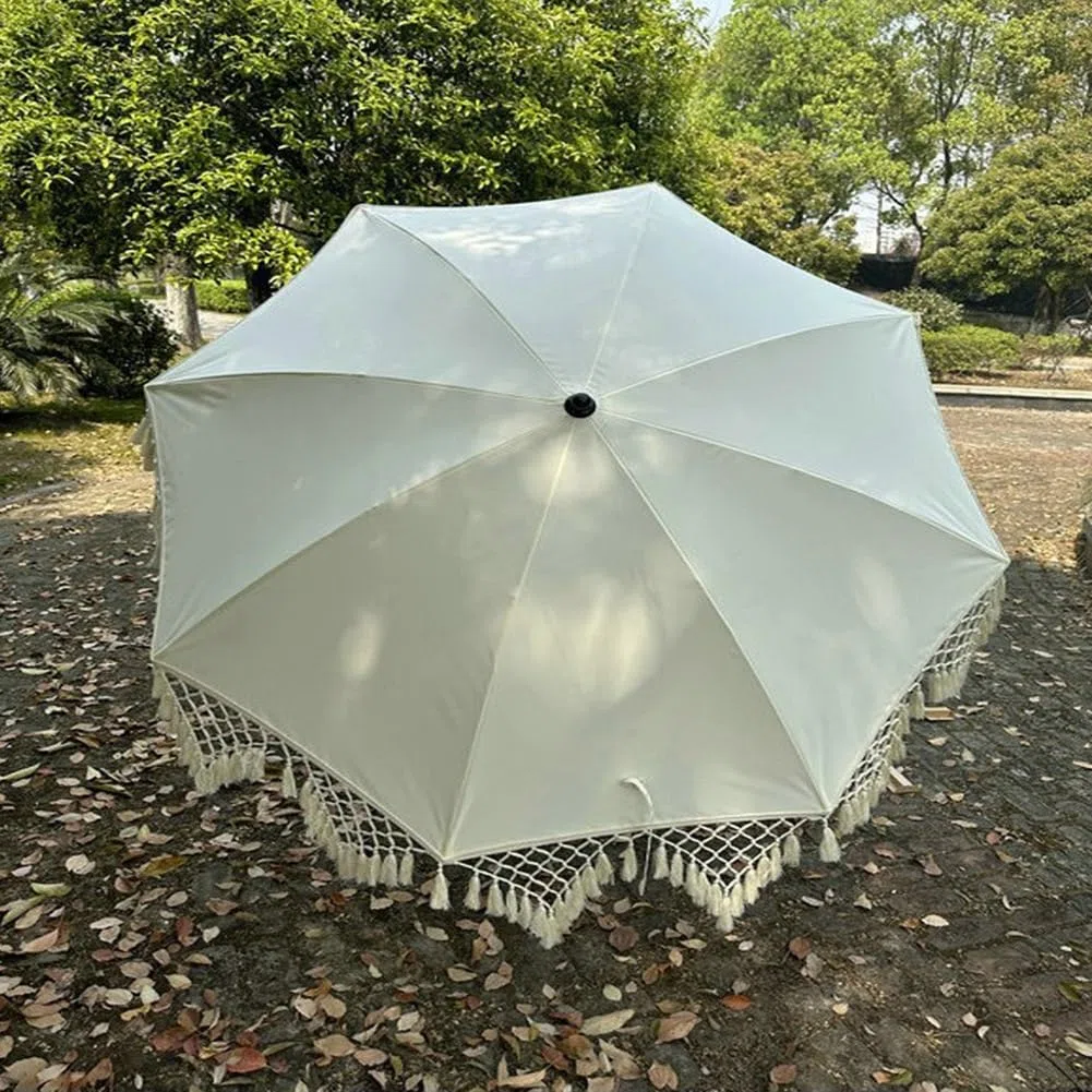 Ombrellone Boho con Frange per Patio Esterno, ombrellone da Spiaggia da 200 cm con inclinazione a Pulsante e palo in Acciaio Resistente, UPF50+, Bianco Antico