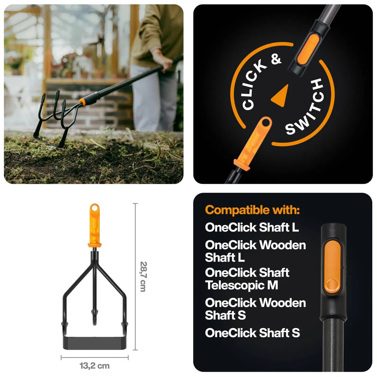 Fiskars OneClick Zappetta, Accessorio Multifunzione per la Cura delle Aiuole, Cambio Rapido con un Solo Clic, Lama in Acciaio al Carbonio Temprato, Nero/Arancione, 1080685