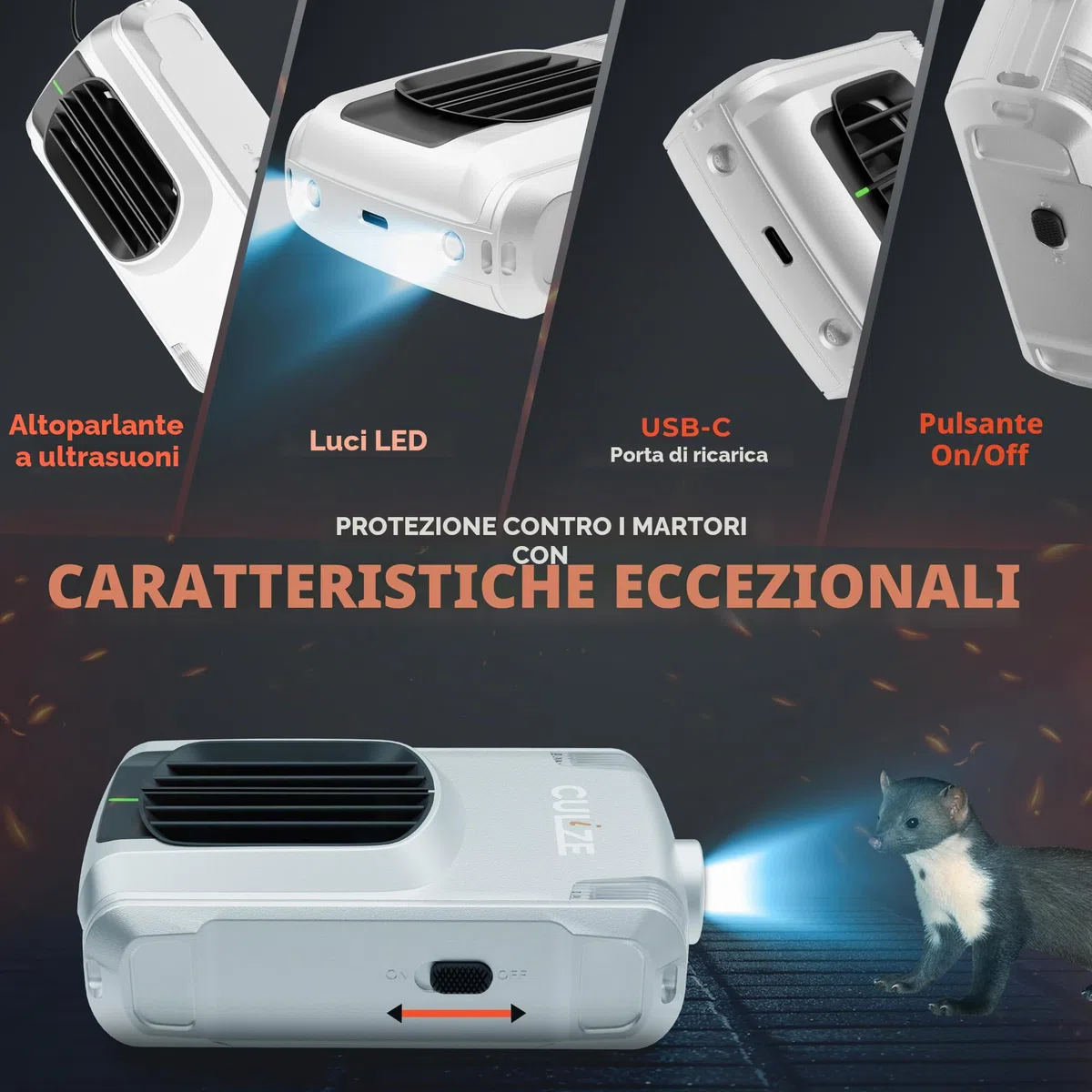 Dissuasore per martore 3 in 1 con ultrasuoni e effetto anti-abitudine per circa 100 m². Repellente per martore con sensore a infrarossi e protezione tripla. Protezione per martore per auto