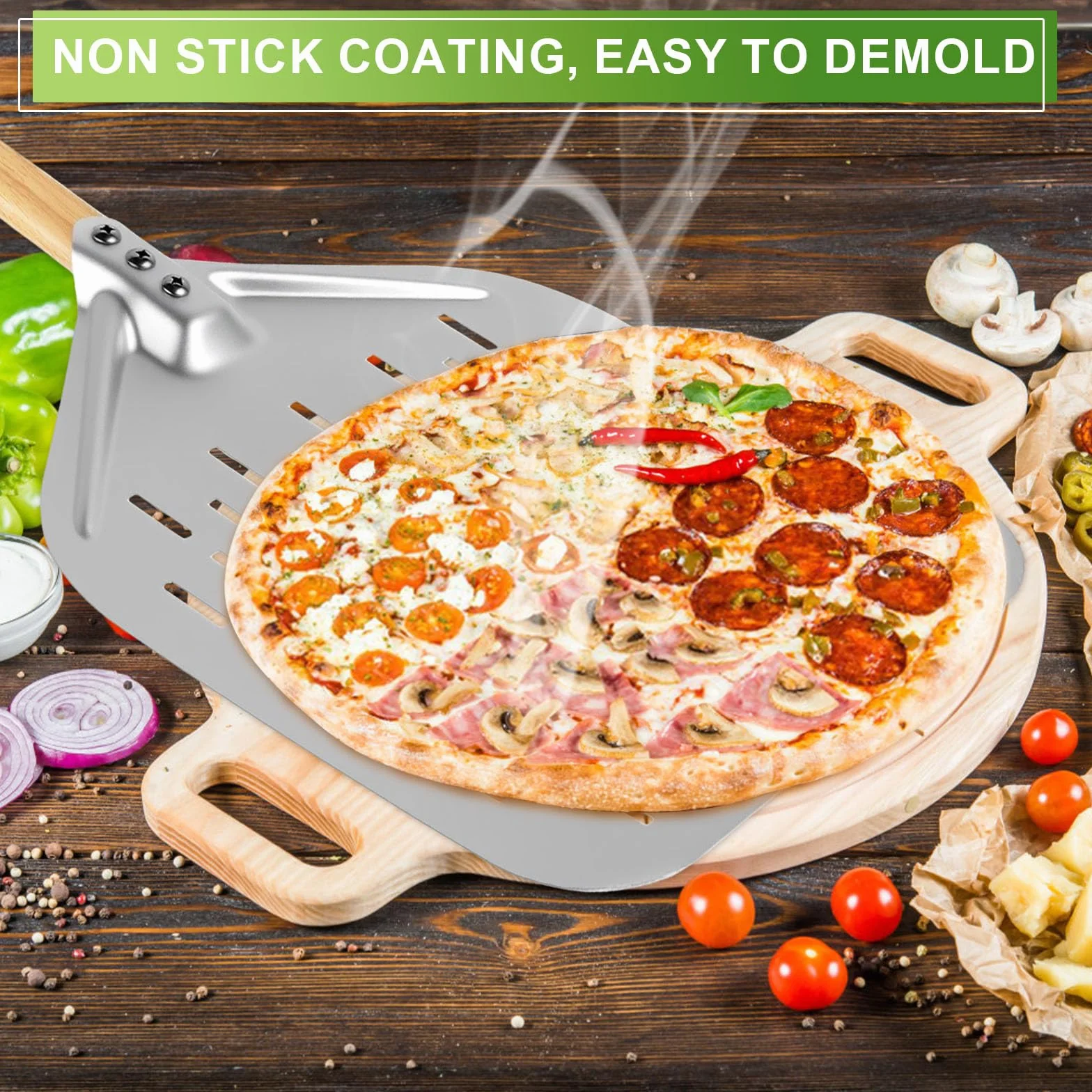 Pala per Pizza 12 Pollici, Pala per Pizza Forata in Alluminio con Manico in Legno Rimovibile, per Barbecue a Gas, Barbecue e Forno, per Riporre Facilmente La Pizza Grande (40 x 30 cm)