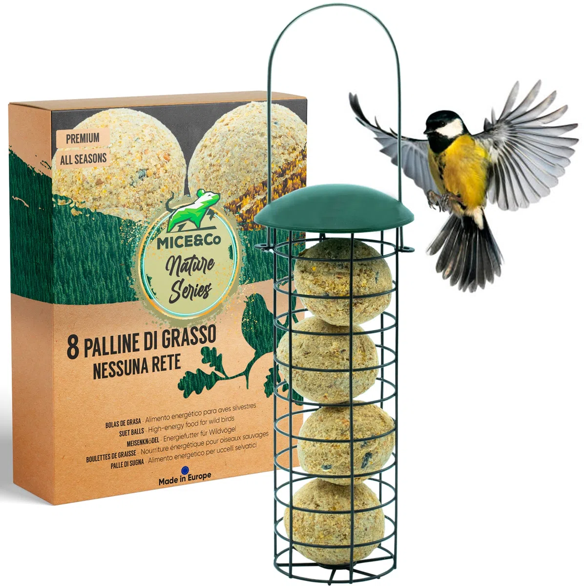 Mice&Co Mangiatoia per Uccelli da Esterno con Palle di Grasso – Casetta per Uccellini Giardino con Sfere di Lardo I Pack 1 Mangiatoia per Volatili e 12 Palline di Cibo