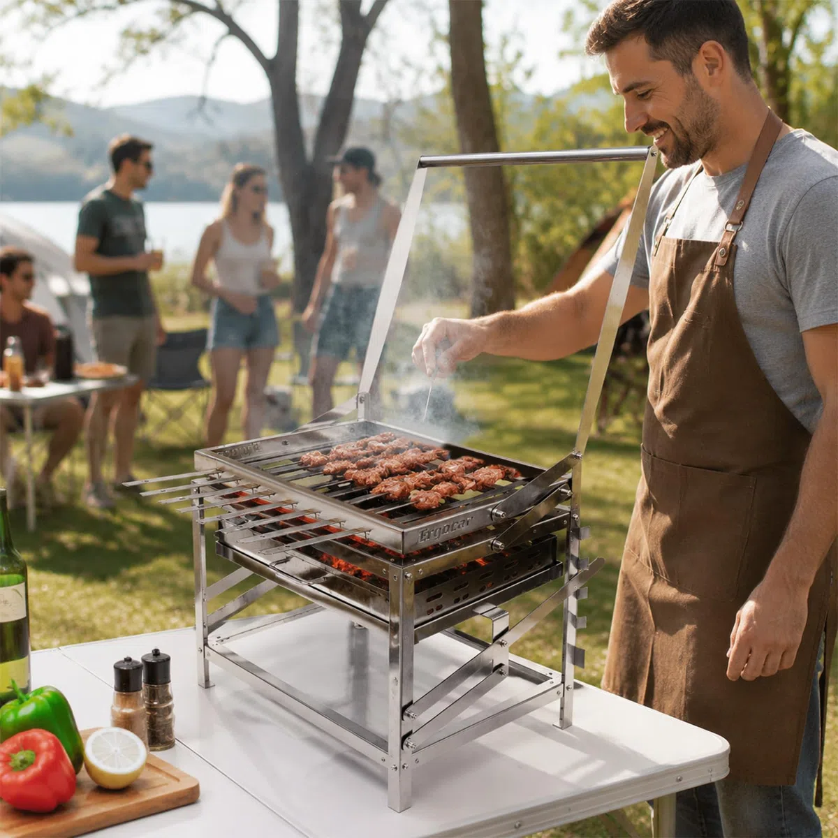 Ergocar Griglia a Carboneesterno In Acciaio Inossidabile Con Spiedini Portatile Girevole e Regolabile In Altezza 4 Ripiani Per Il Carbone Adatta Per Più Persone Ideale Per Picnic Campeggio e Grigliate