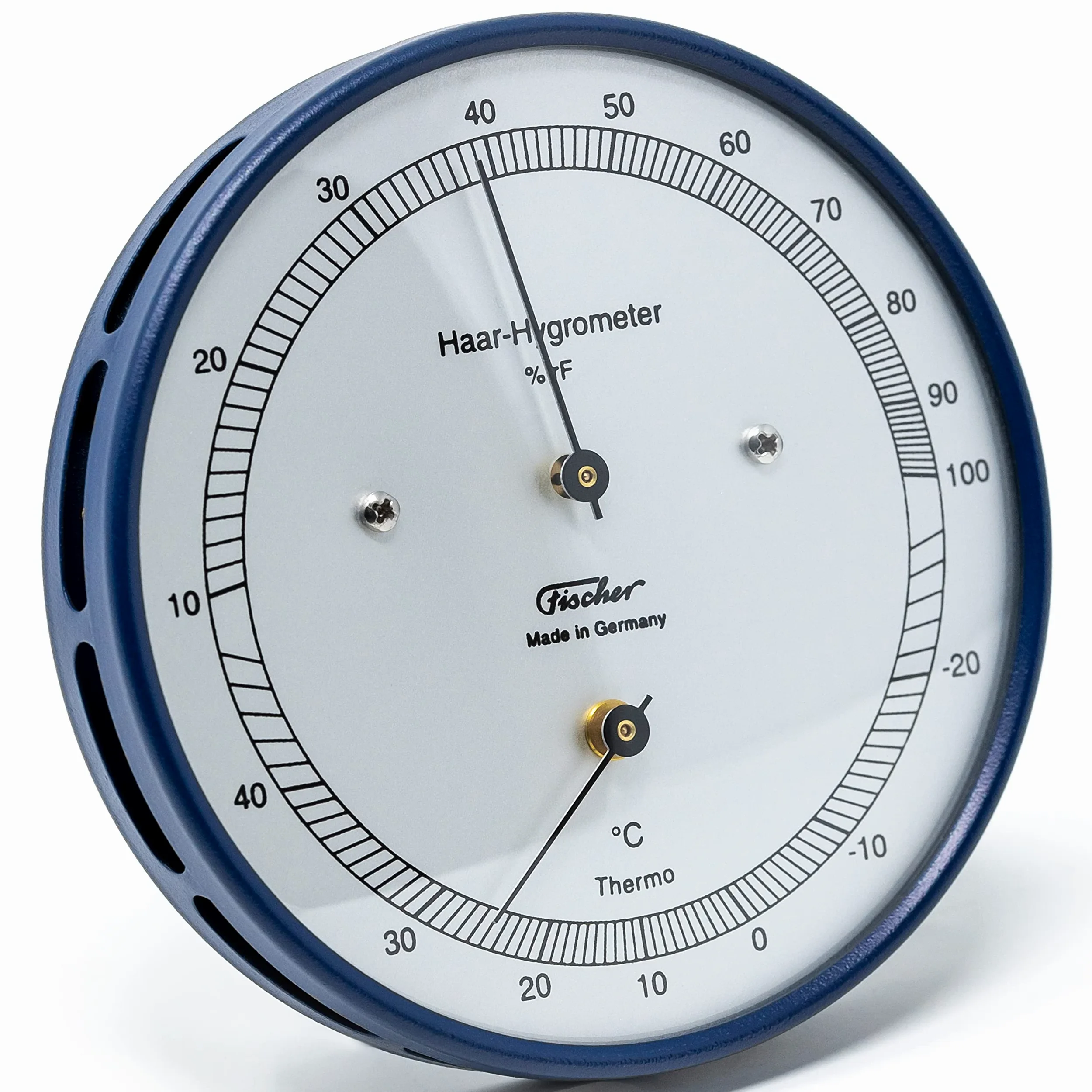 Fischer 111.48T – Igrometro per capelli con termometro – 103 mm Umidità esterna Made in Germany – Acciaio inossidabile blu