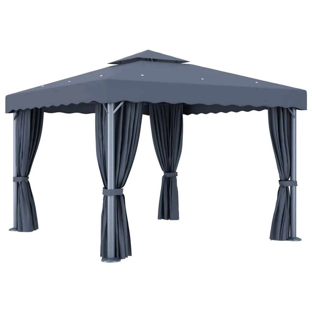 Gazebo 3x3 m Antracite Con Tende E Luci Led Solari | Alluminio e acciaio, poliestere con rivestimento PA, tetto doppio, zanzariere incluse