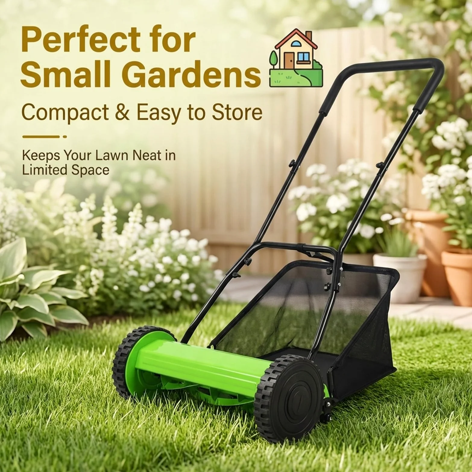 Falciatrice manuale con sacco di raccolta erba, lame in acciaio al manganese, altezza regolabile 17-33 mm, ideale per piccoli giardini e prati residenziali