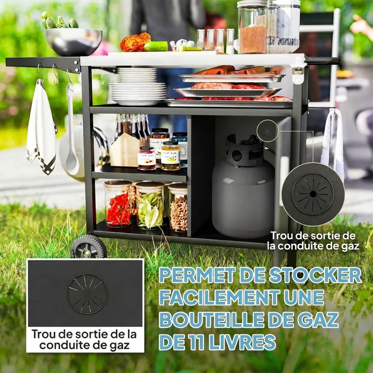 Outsunny Carrello per barbecue con vassoio in acciaio inox, ripiano pieghevole, ganci e custodia in dotazione, carrello esterno con ruote, 127 x 51 x 84 cm, colore: nero