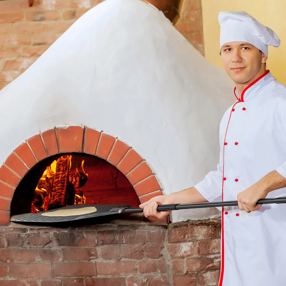 Pala per pizza, 34,7 x 118 cm, perforata in alluminio anodizzato duro, per una facile scorrevolezza su pietra per pizza, rettangolare, grande superficie e manico rimovibile per barbecue, forno