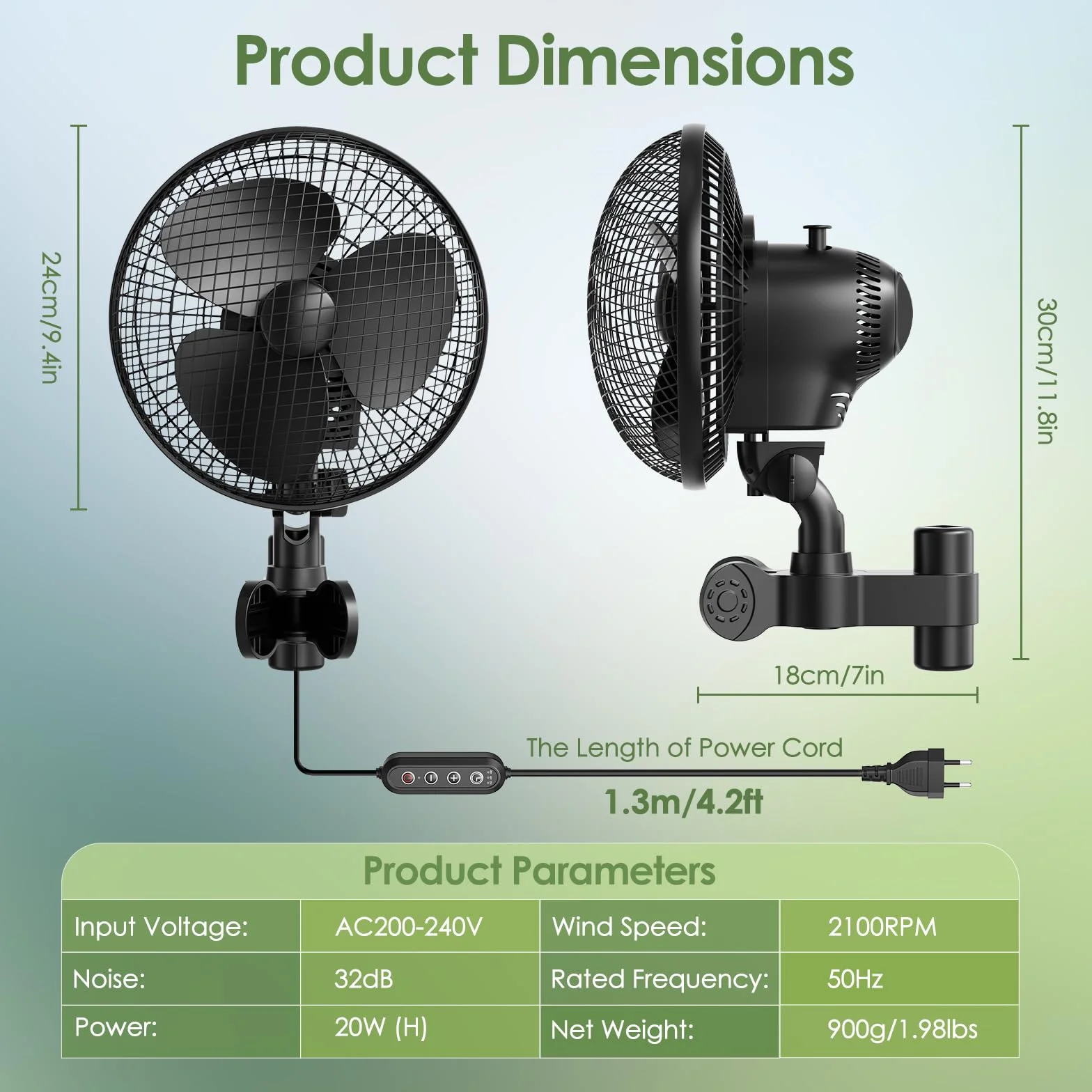 Ventilatore a morsetto per coltivazioni, 20W oscillante, 2 velocità, doppia oscillazione 90°/120°, portata 315 CFM, funzione memoria, silenzioso per tende, scatole e serre di coltura