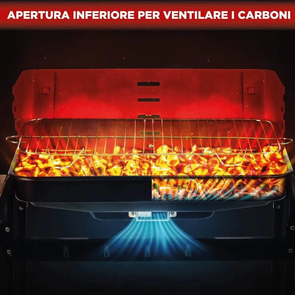 BAKAJI Barbecue Trolley a Carbonella in Metallo e Legno, BBQ Braciere Portatile con 3 Ripiani d'Appoggio e 2 Ruote, Grill da Giardino Ideale per Campeggio, Balcone, Esterni, Graticola in Acciaio