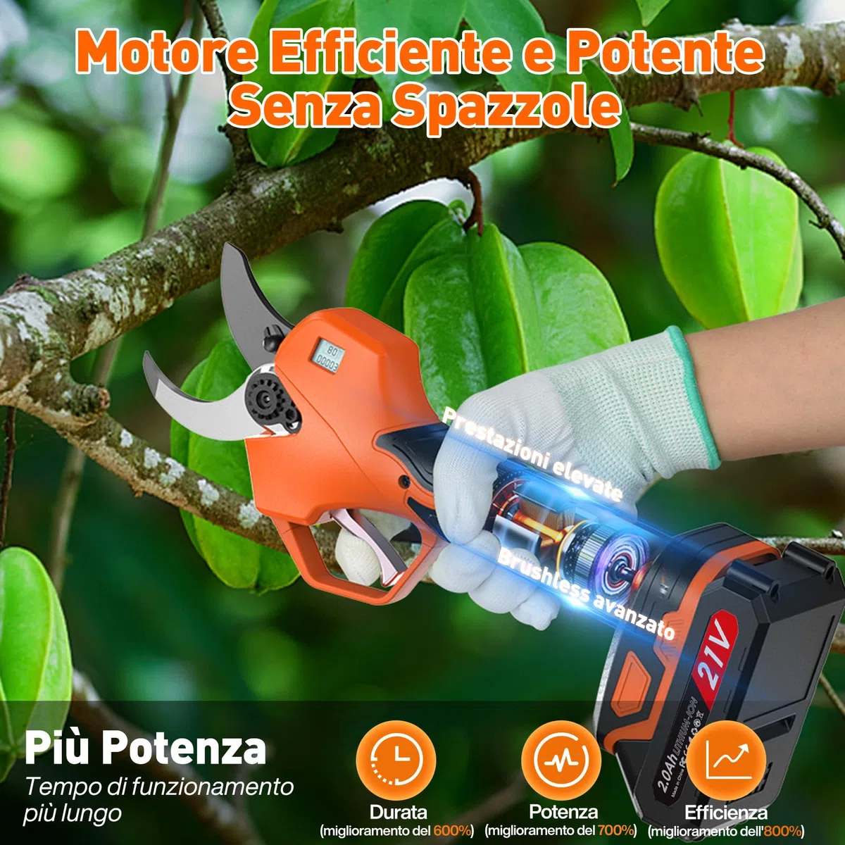 Forbici Potatura Elettriche 40mm con Batteria 2 *2000mAh, Funzionano Ininterrottamente per 6-7 Ore, Adatte per Frutteto, Giardino e Fattoria