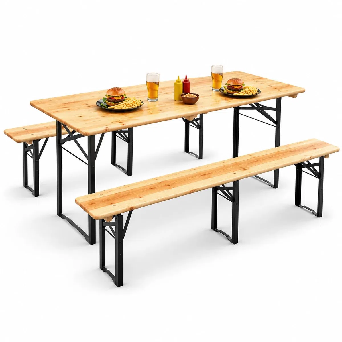 Brigros - Set Birreria Pieghevole in Legno di Abete con Tavolo e 2 Panche, Set Tavolo da Esterno Richiudibile con Struttura in Acciaio, 170x70x76,5 cm