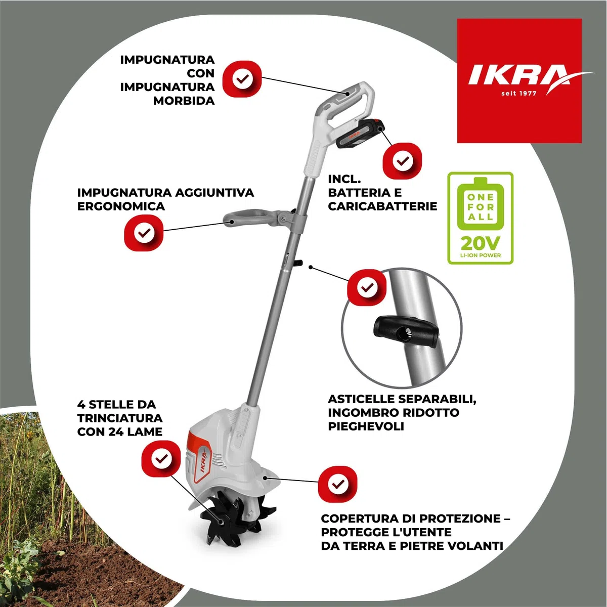 IKRA motozappa IAMH 20, larghezza 19cm, batteria e caricabatterie inclusi | Profondità di lavoro fino a 15,5 cm, leggero, ingombro ridotto una volta riposto, compatibile con batterie 20 V di IKRA