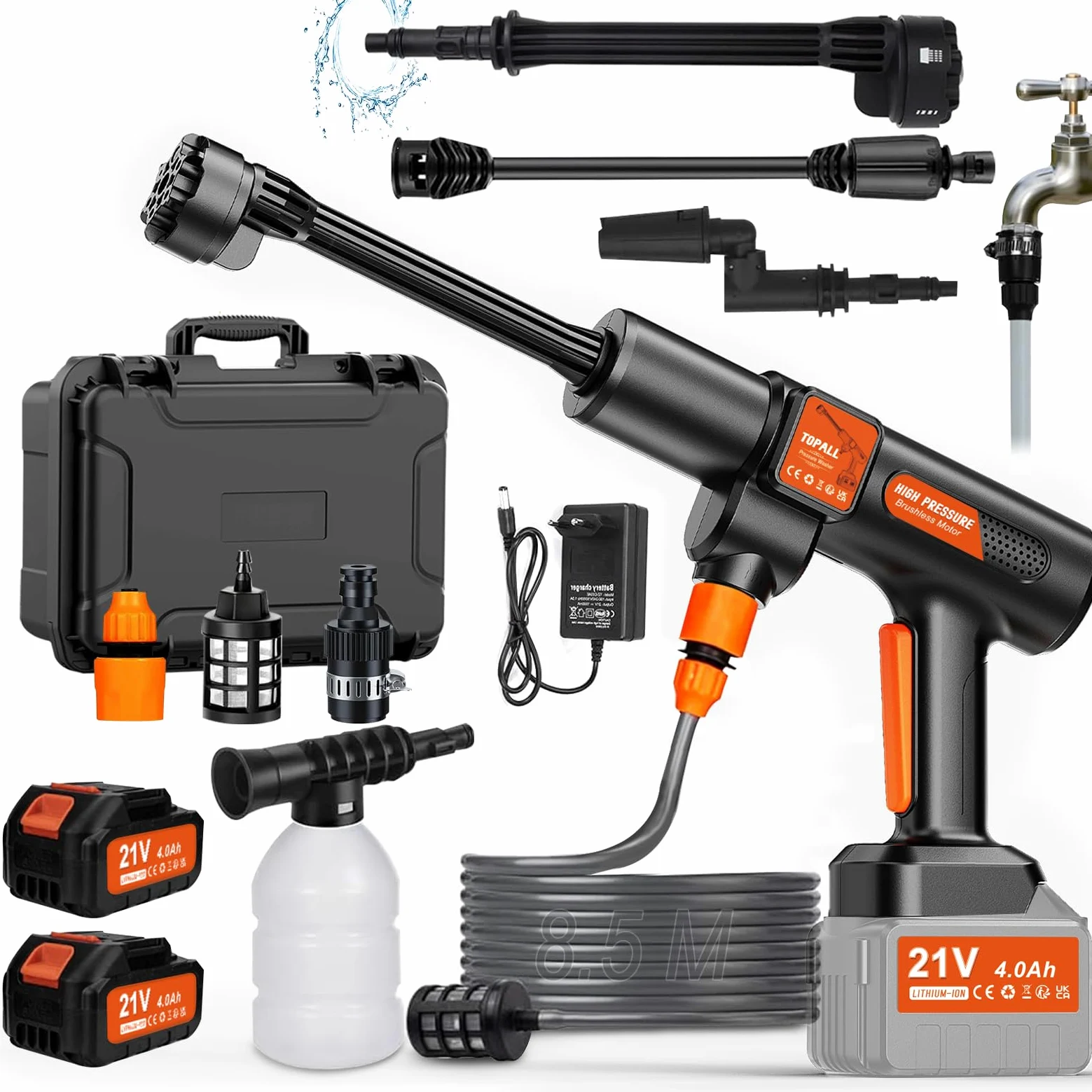 TOPALL Idropulitrice a Batteria,Pistola Idropulitrice Portatile,High Pressure Cleaner,Max da 45 Bar,con 2 * 4000mAH Batterie | Tubo da 8.5M | 6 in 1 Ugello | Rotante Ugello,per Auto,Giardino