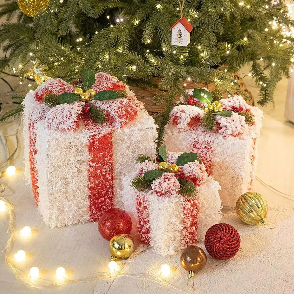 Set di 3 scatole decorative, decorazioni per albero di Natale, scatole regalo con fiocchi, per vacanze al chiuso e all'aperto