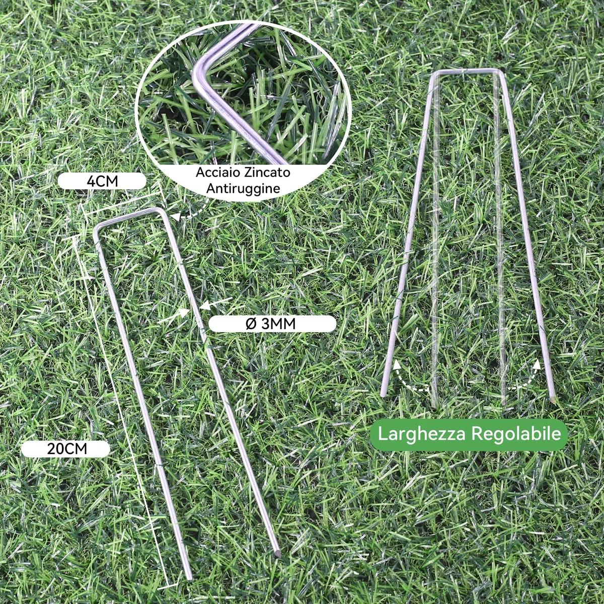 100 Pezzi 20cm Ø 3mm Spilli per Giardino Resistenti - Chiodi in Acciaio Zincato per Fissare Paletti per Ancorare Tessuto Antierba, Reti e Tubi con 1 Uncino a Punta