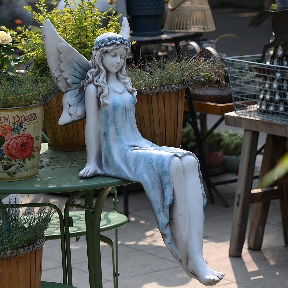 Grande statua da giardino delle fate, 62 cm, statua di fata seduta per esterni, in resina, scultura in resina per patio, cortile, portico, decorazione per la casa