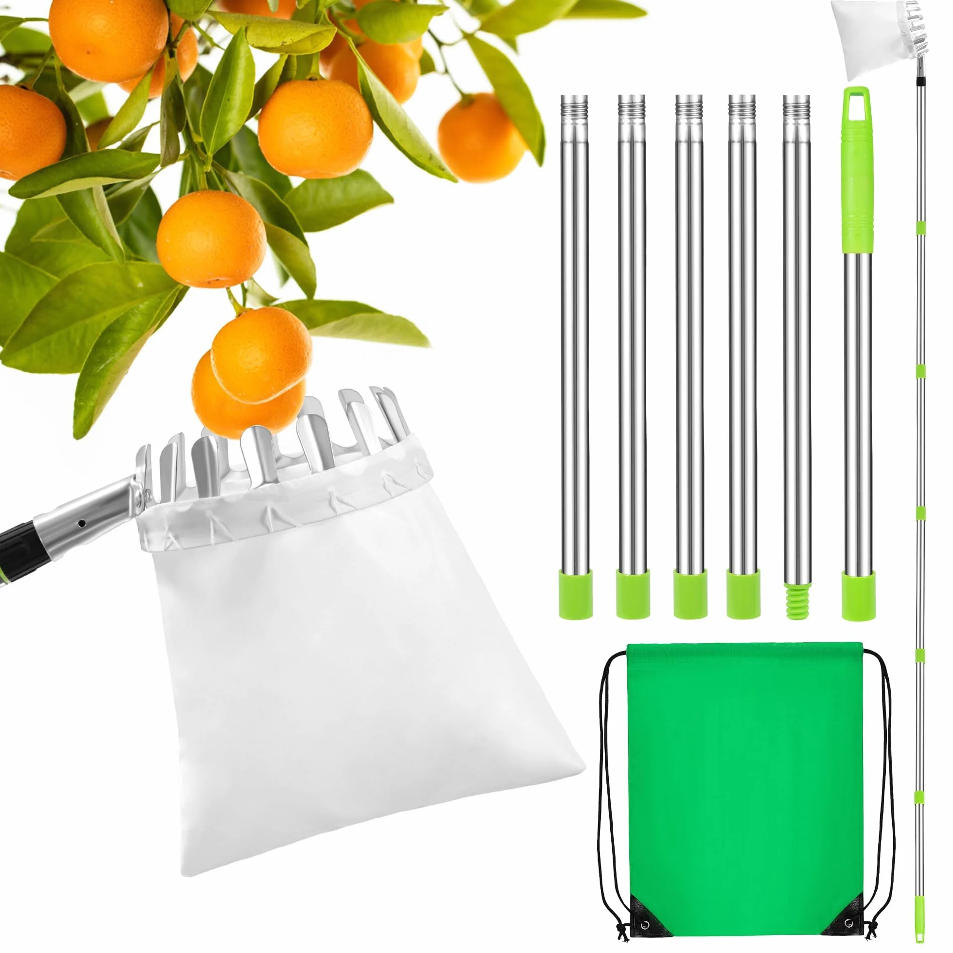 Strumento per Raccolta di Frutta,Raccoglitrice di Mele Raccogli Fichi con Leggero Regolabile Palo in Acciaio Inox Telescopico E Borsa per Limoni Mele Pere Pesche Arance Bacche 2.4m