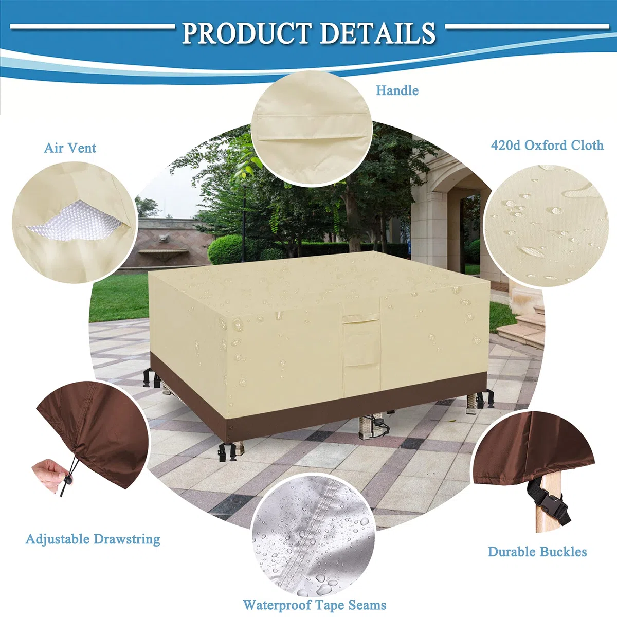 420D Copertura per Tavolo da Giardino ，Rettangolare Protezioni Impermeabili, Traspiranti, Antipolvere e Resistenti ai Raggi UV per Coperture per Mobili da Giardino
