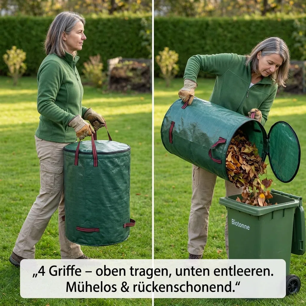 Sacco per rifiuti da giardino, 120 l, con coperchio, set da 2 pezzi, impermeabile, in tessuto PP, pieghevole e riutilizzabile, con manici e passanti per terreno, ideale per erba, foglie, taglio verde