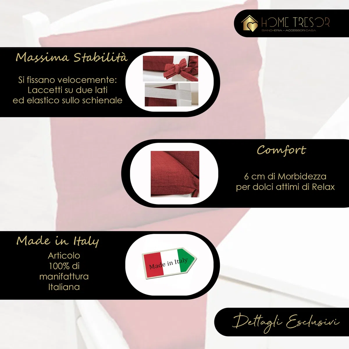 Home Tresor Set Cuscini Sedia con Schienale Imbottiti con Laccetti e Elastico di Fissaggio per Poltrone Sdraio Cucina Giardino 40x80 Cm Nuova Collezione - 6 Pezzi Tortora