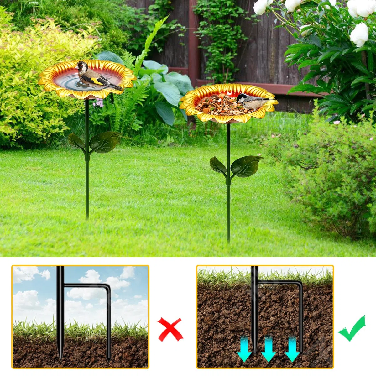 BORDEAG 2 abbeveratoio per uccelli da giardino, in piedi, in ferro, per uccelli, per esterni, design a girasole, per cortile, 20 x 20 x 64 cm