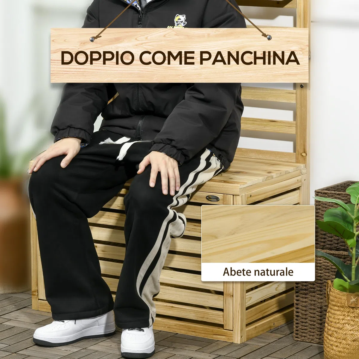 Outsunny Cassapanca da Giardino in Legno di Abete con Traliccio Integrato e 4 Ripiani, Cassapanca Contenitore da Esterno Impermeabile con Chiusura Magnetica, 80x45x160 cm, Colore Legno