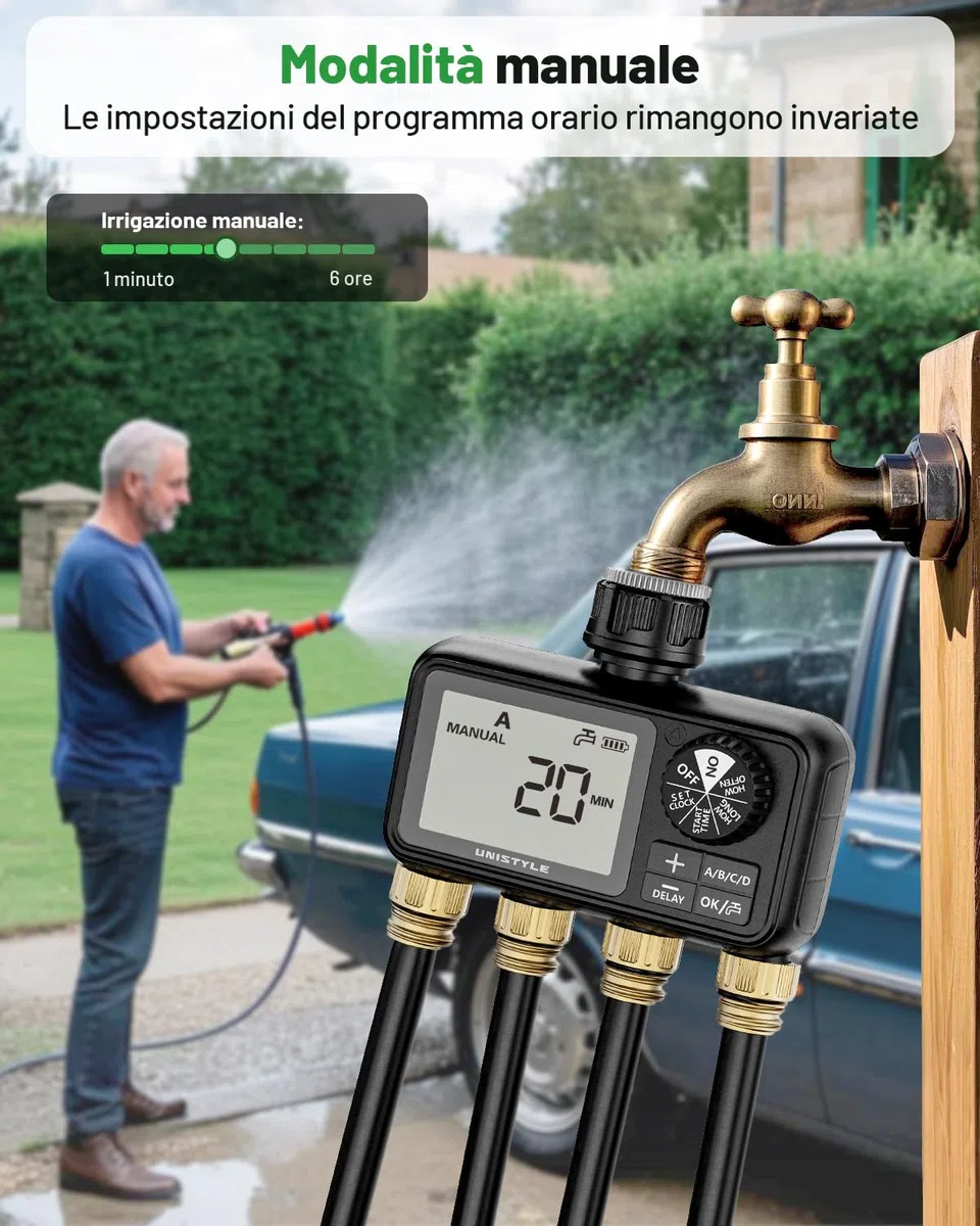 Unistyle Computer per irrigazione a 4 uscite, con timer automatico per l’irrigazione, ingresso in ottone integrato, per giardino, prati (versione in lingua italiana non garantita)