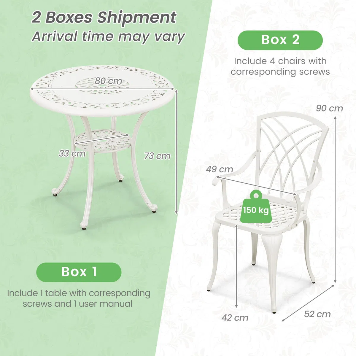 GIANTEX Soggiorno da giardino esterno, tavolo da giardino con sedia in ghisa di alluminio, tavolo da bistrot 5 pezzi per 4 persone, foro dell'ombrellone Dia.5 cm, tavolo rotondo per terrazza, balcone