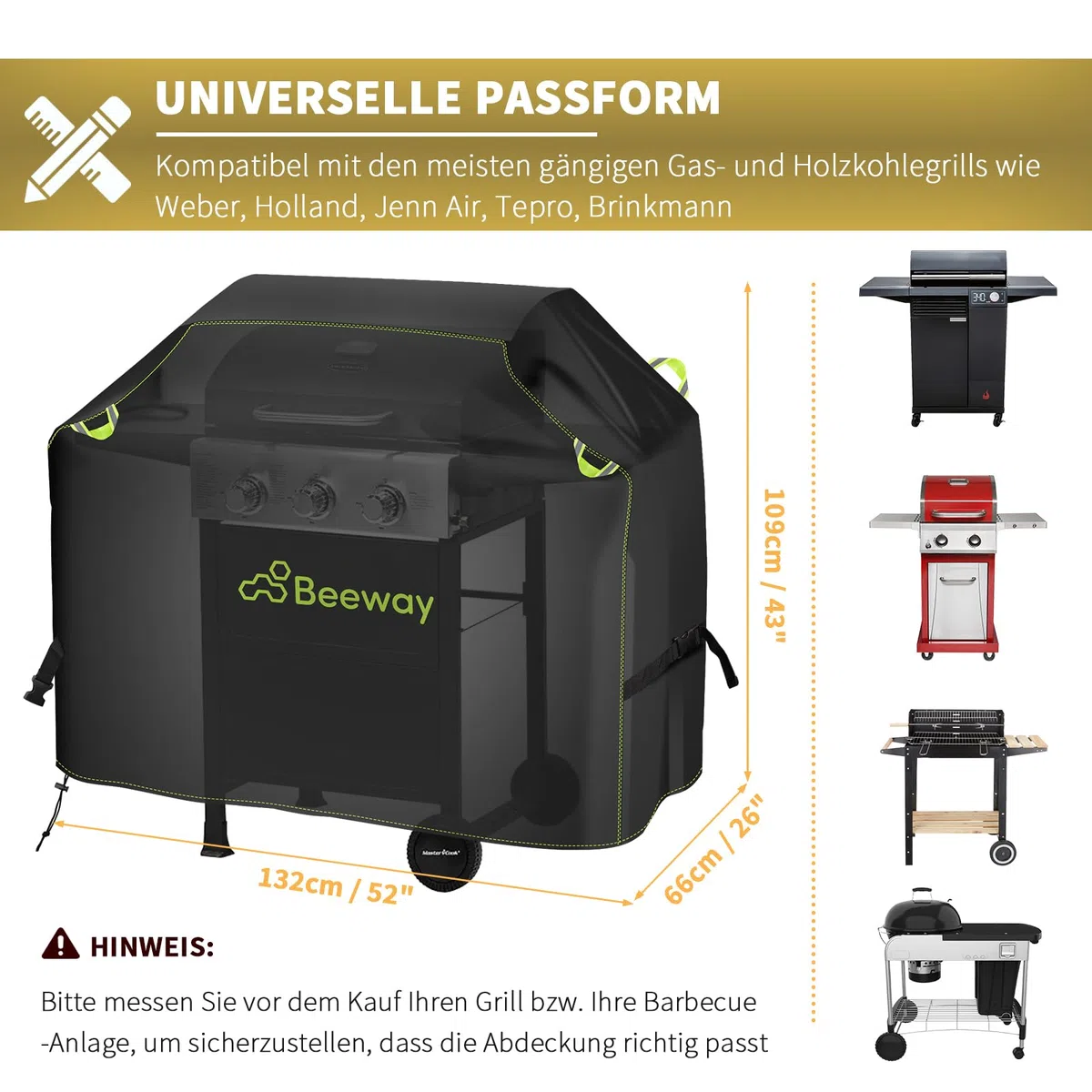BEEWAY Copertura per barbecue resistente alle intemperie, in tessuto Oxford 420D, impermeabile, resistente ai raggi UV, 132 x 66 x 109 cm