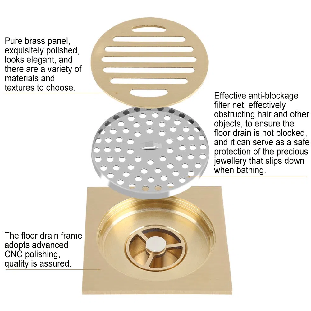 Scarico a Pavimento Quadrato in Ottone, Griglia Per Rifiuti Per Doccia da Bagno dal Design Moderno, Accessorio Domestico Durevole Ed Efficiente, Scarico a Pavimento Per Bagno, Scarico a Pavimento Per