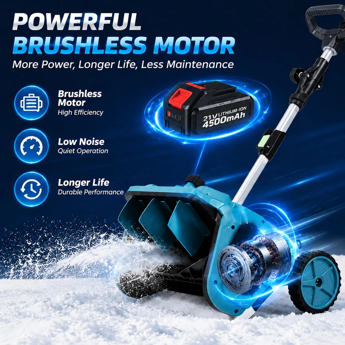Spazzaneve a Batteria con Batteria 21V e Caricabatterie, Motore Brushless | Gittata di 7,6 m, larghezza di 40 cm, direzione e impugnatura regolabili, autonomia fino a 35 minuti