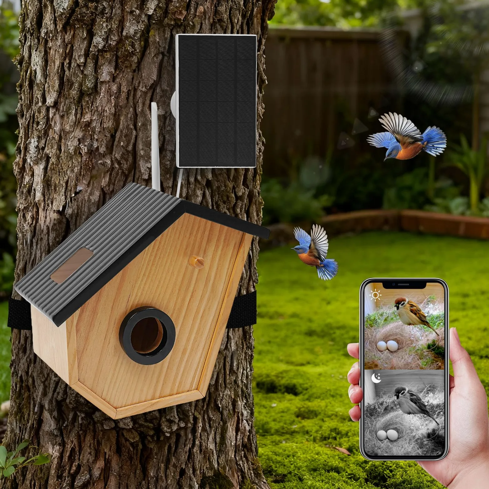Casetta per uccelli in legno di pino a energia solare, con fotocamera solare, riconoscimento degli uccelli artificiali, batteria per visione notturna HD, IP65, in legno di pino per giardino