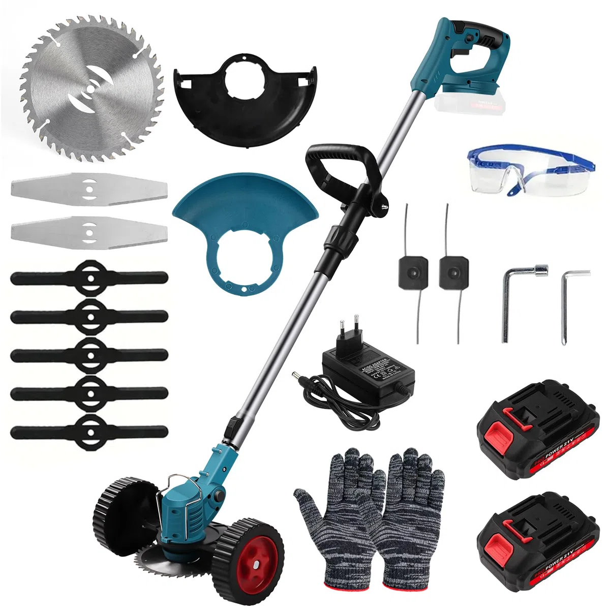 Decespugliatore elettrico con 2 batterie, 3 Tipi lame compatibile con batterie da 21 V, motore brushless, tosaerba manuale, per tosaerba e bordi Prati E Terreni