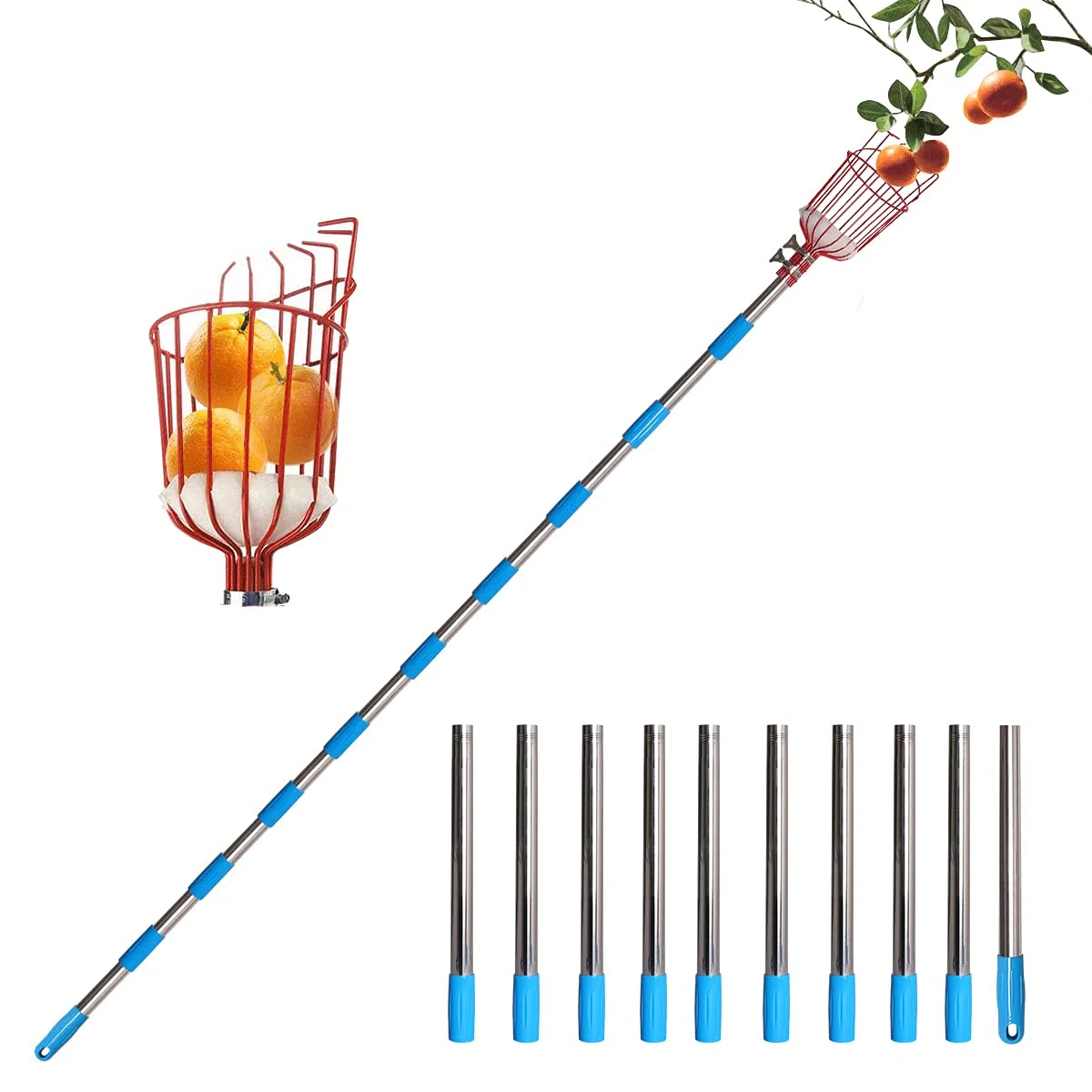 Raccogli Frutta Telescopico Raccoglifrutta con Testa a Cestello Asta di Estensione da 4 m, Raccogli Frutta Regolabile in Altezza con Palo Leggero Acciaio inox e Borsa per il Trasporto Della Frutta