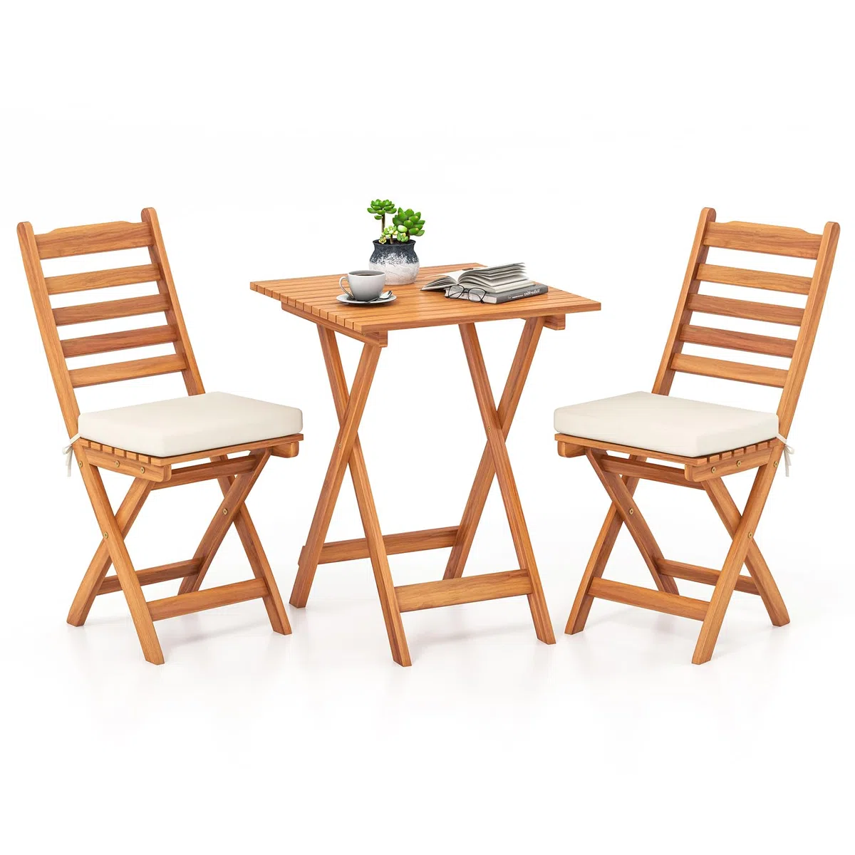 GIANTEX Mobili da balcone piccolo balcone, tavolo da bistrot con 2 sedie, set di mobili da giardino in legno pieghevole, set da balcone per esterni, per 2 persone, set da giardino con cuscino