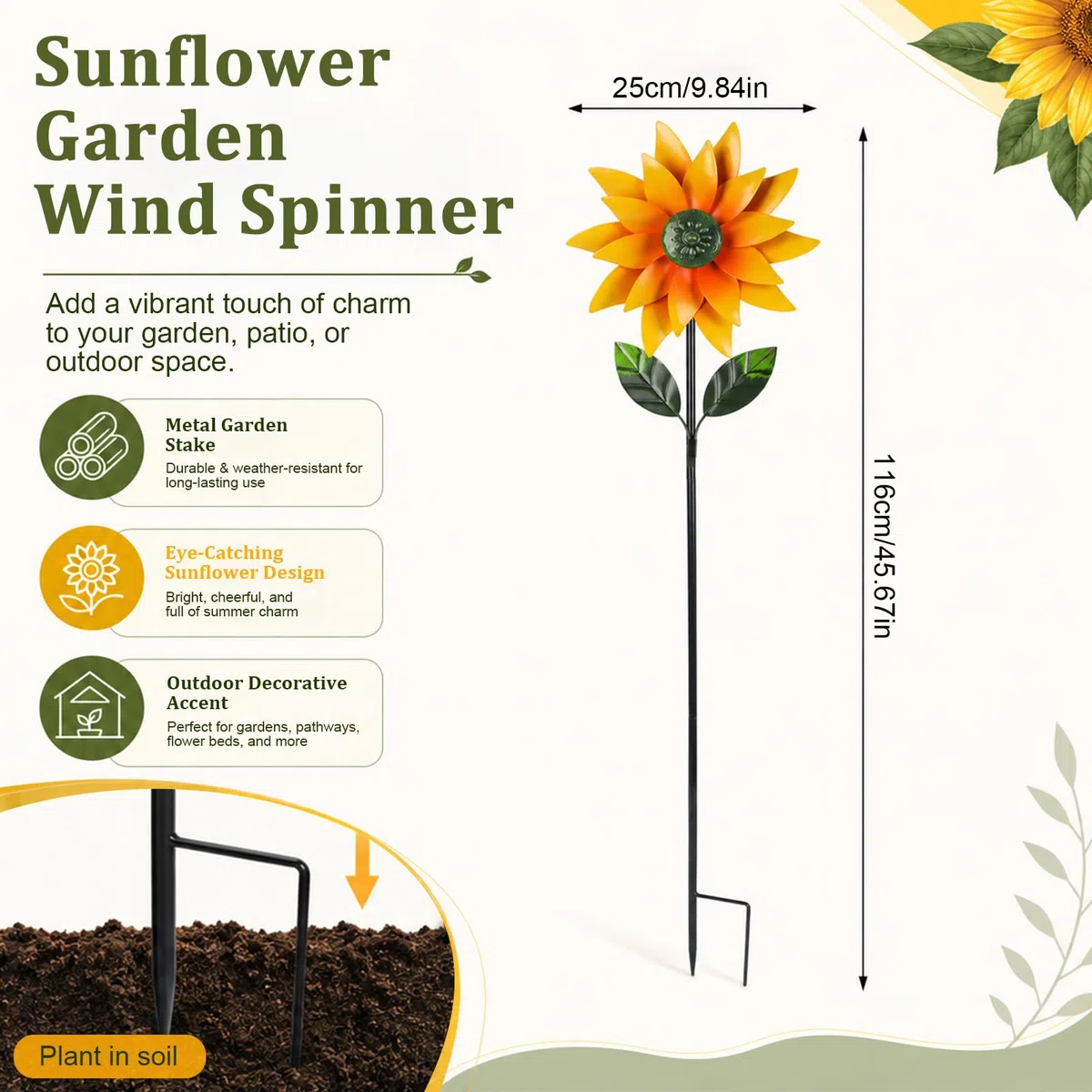 Girandola da Giardino in Metallo, Girandola 3D a Girasole Cinetica, Decorazione da Giardino con Picchetto, 116 cm, Mulino a Vento per Esterno, Prato, Balcone e Terrazza